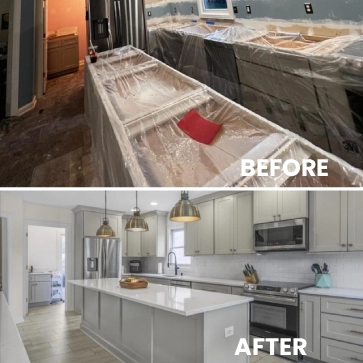 Before and after photo of a kitchen interior painting project in Jefferson County, Kentucky, showing cabinets and countertops covered for protection before painting and a finished kitchen with freshly painted cabinets, walls, and island after completion.